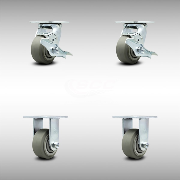4 Inch SS Thermoplastic Rubber Caster Set with Ball Bearings 2 Brake 2 Rigid SCC